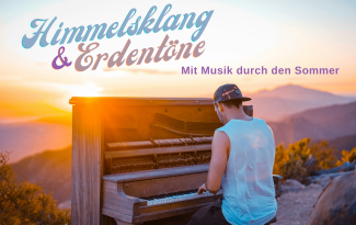 Titelbild der Predigtreihe mit einem Mann, der vor dem Hintergrund von Berggipfeln Klavier spielt, dazu seiht man den Sonnenaufgang