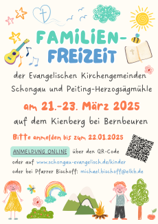 Ein buntes Plakat mit Kinderzeichnungen von Menschen, Bäumen, Sonne, Musikinstrumenten lädt zur Familienfreizeit im März 2025 ein.