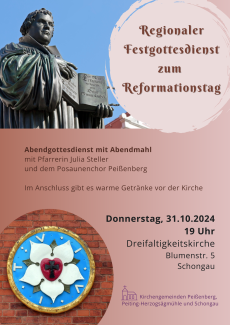 Plakat zum Reformationstag mit dem Bild einer Lutherstatue und der Lutherrose abgebildet.